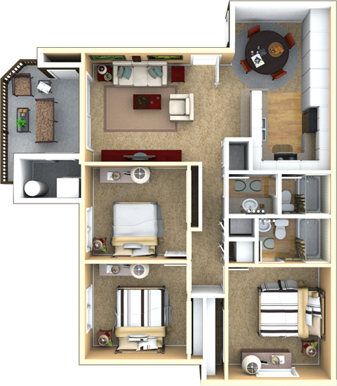 Floor plan for 3 beds, 2 baths, 1078 sqft